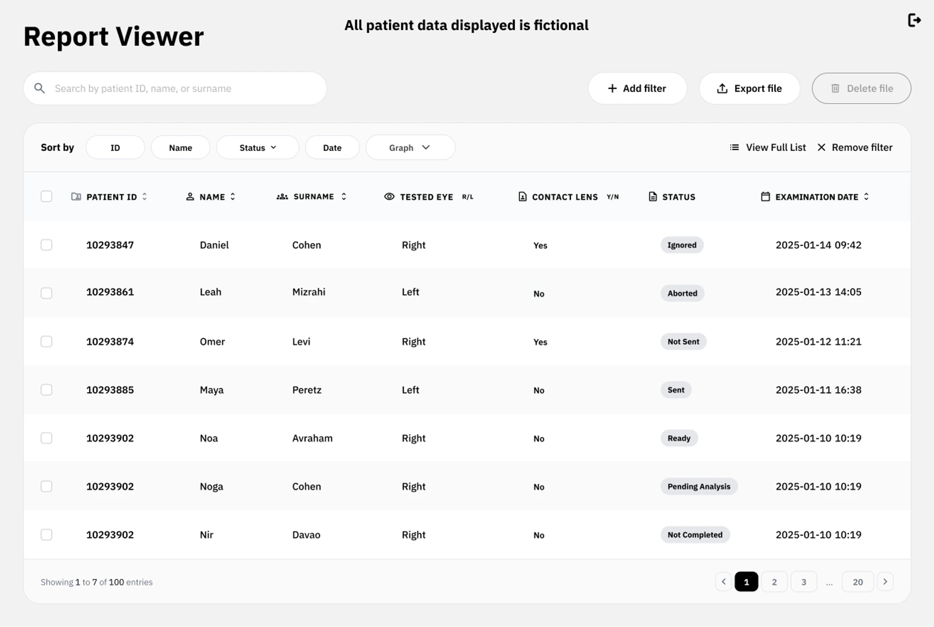 Report Viewer mid-fidelity wireframe showing table filters and patient graphs