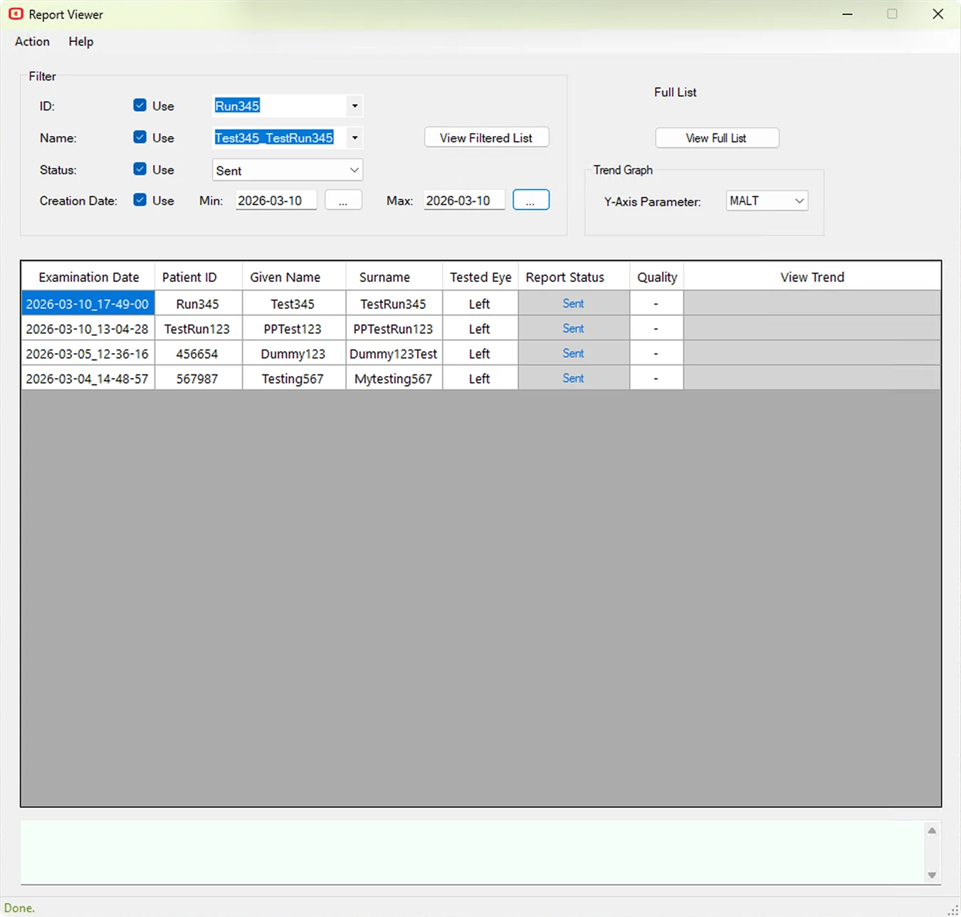 Original Report Viewer showing patient records, examination filters and measurements