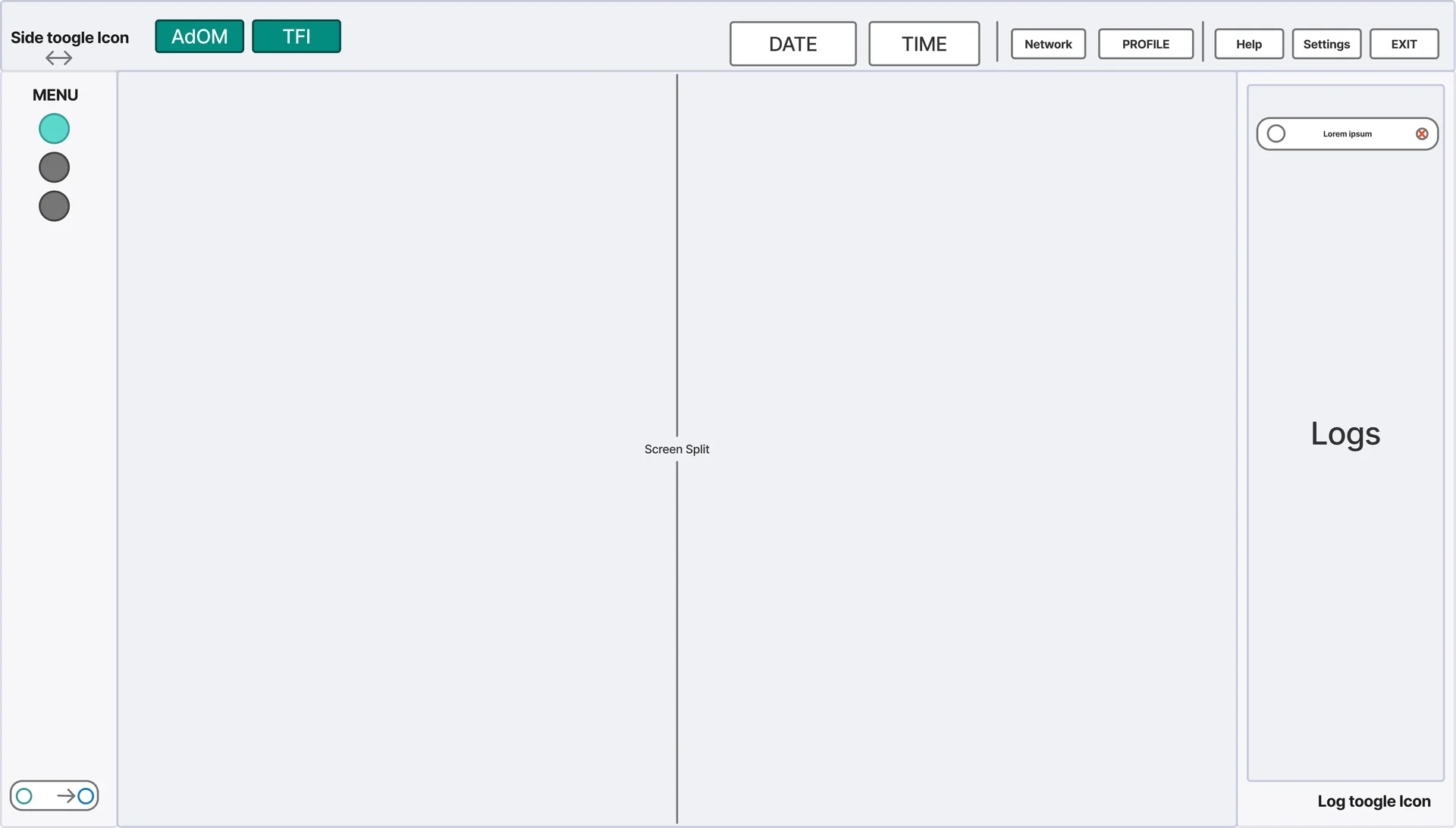 TFI Workspace low-fidelity wireframe with application navigation, split view and console